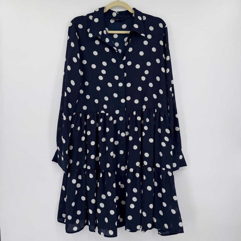 Polka Dot Navy Blue White Tiered Long Sleeve BabyDoll Shirt Dress Womens 14